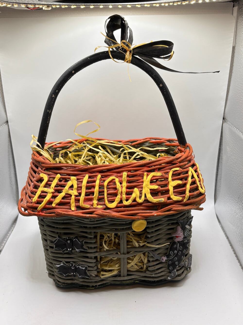 Vintage Halloween Blue & Orange Wicker Basket Handle Witch Bats 10" Decor Candy
